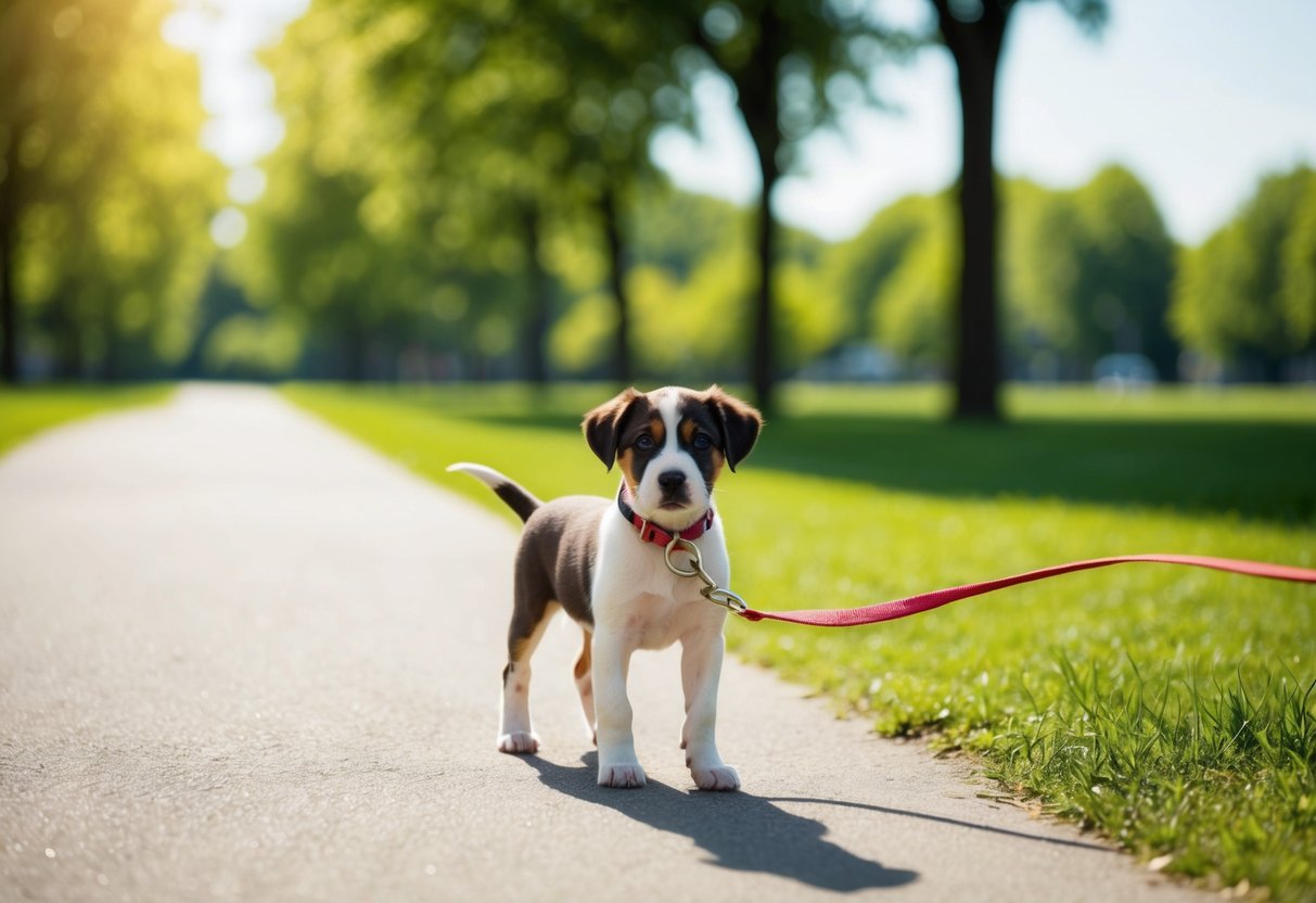 A sunny park with a clear path, green grass, and a leash attached to a 12-week-old puppy's collar