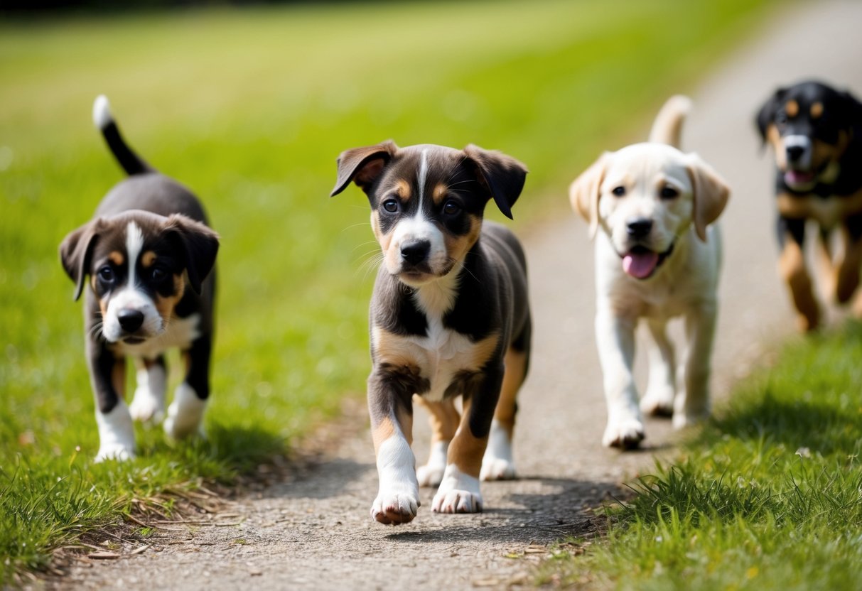 A 12-week-old puppy walks on a grassy path, sniffing and exploring its surroundings. Other friendly dogs play nearby, providing socialization opportunities
