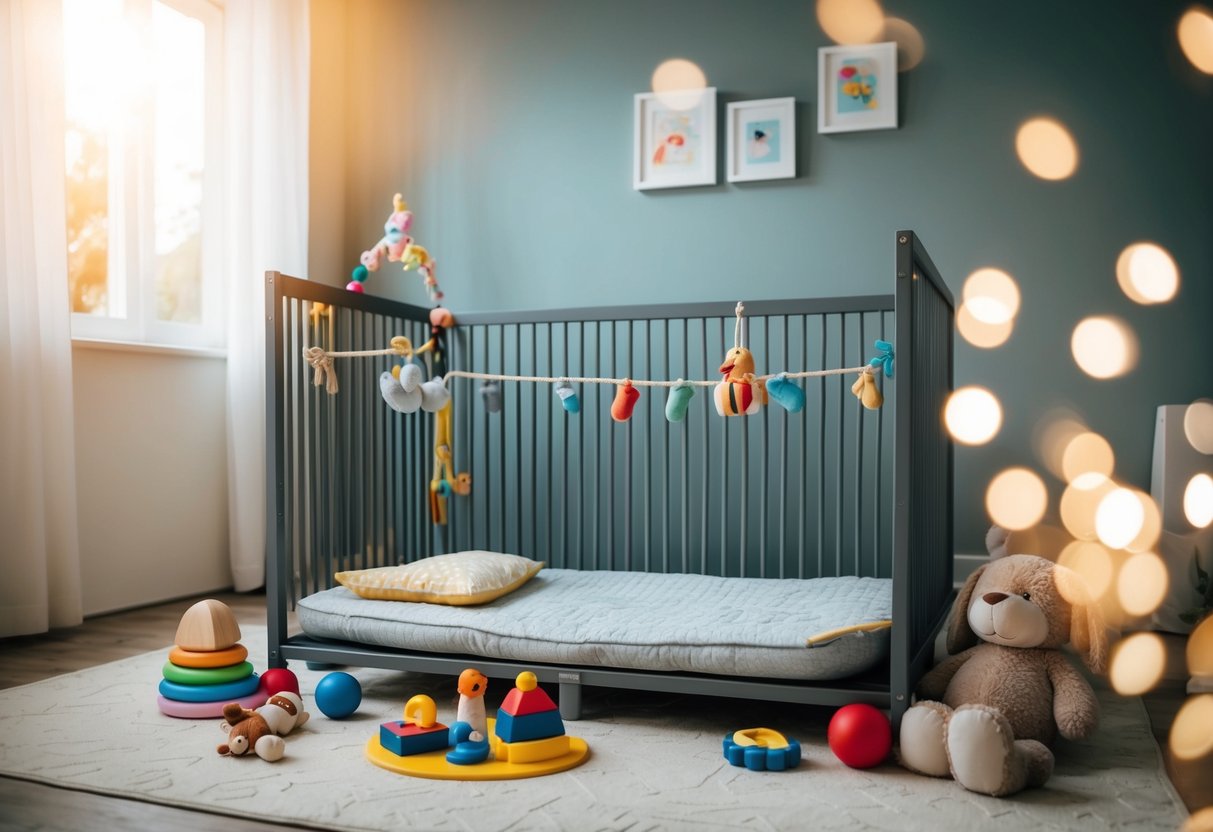 A cozy playpen with toys and a comfy bed, surrounded by a safe and secure environment