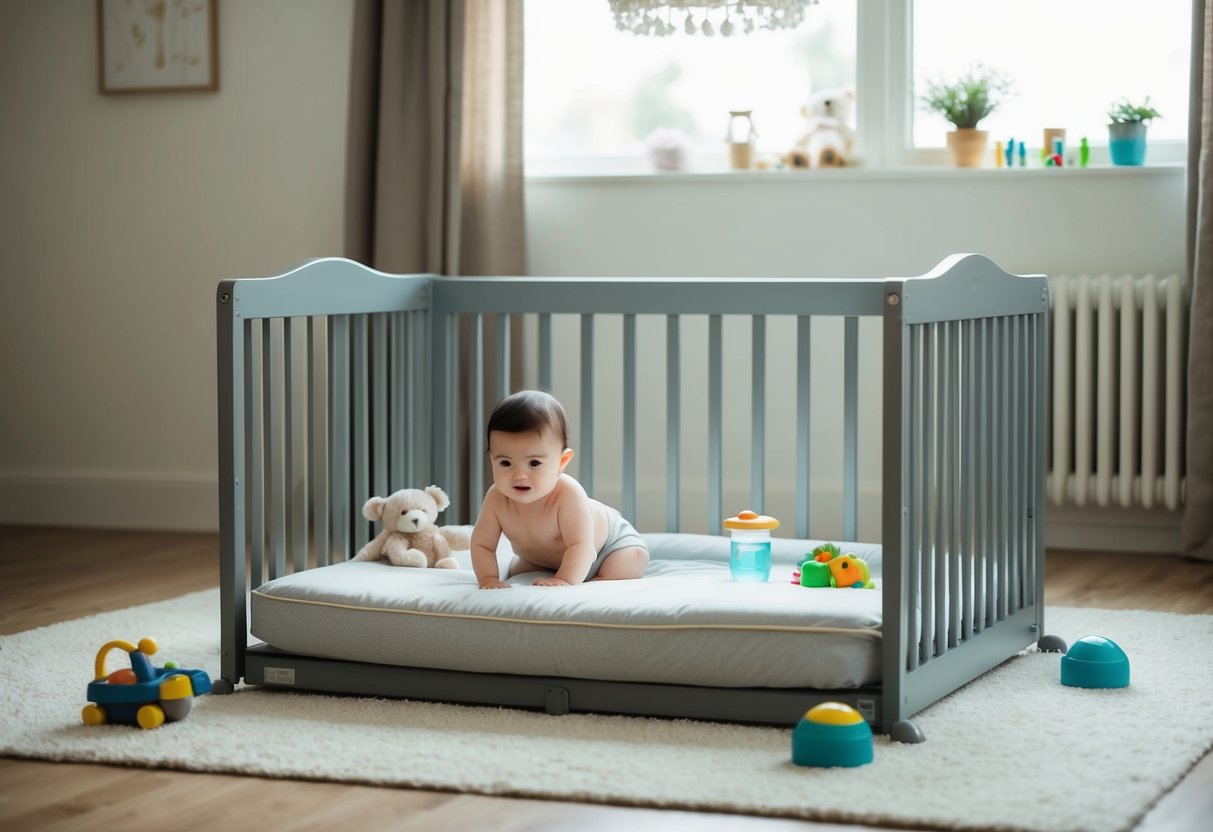 A cozy playpen with toys, water, and a soft bed, surrounded by a safe and secure environment