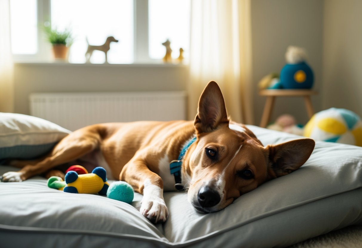 A relaxed dog lounges in a sunlit room, surrounded by toys and comfortable bedding. Its body language exudes calmness and contentment