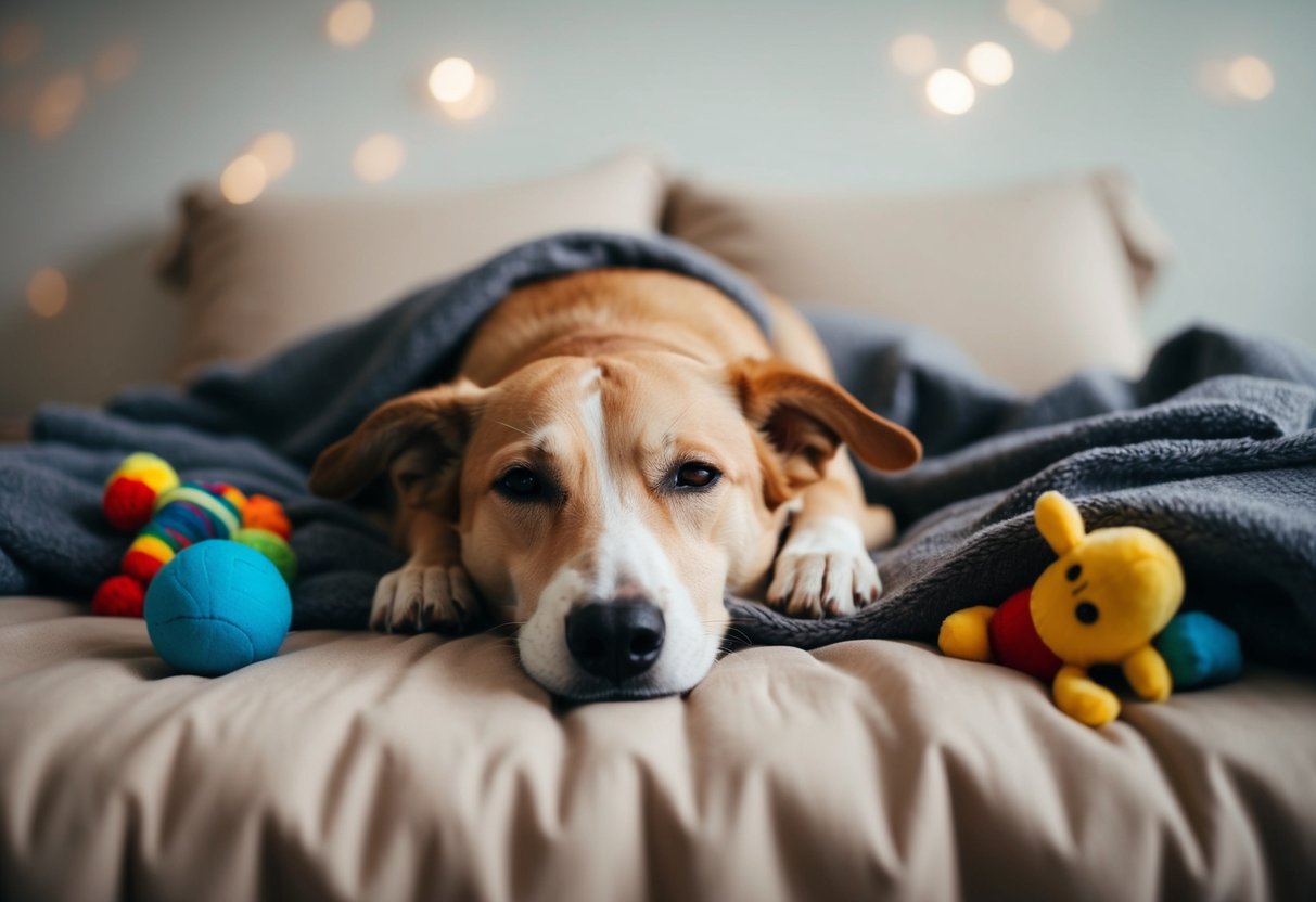 A calm dog lying contentedly on a cozy bed, surrounded by familiar toys and a comforting blanket