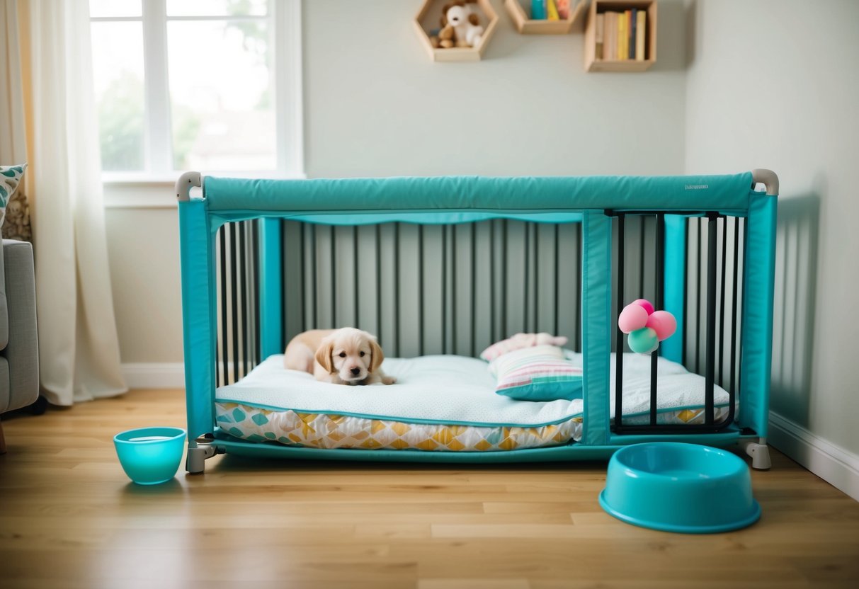 A cozy playpen with soft bedding and toys, placed in a well-lit room with a water bowl nearby