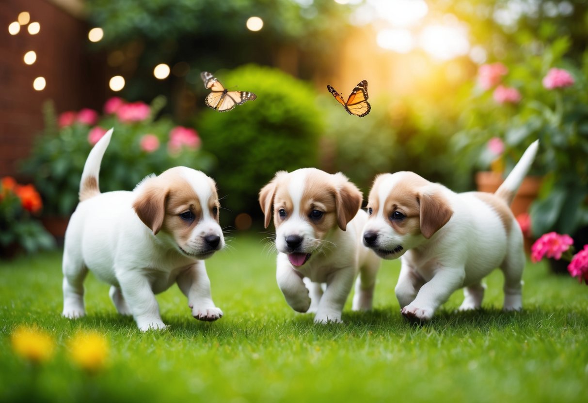 Three playful puppies explore a lush garden, sniffing flowers and chasing butterflies
