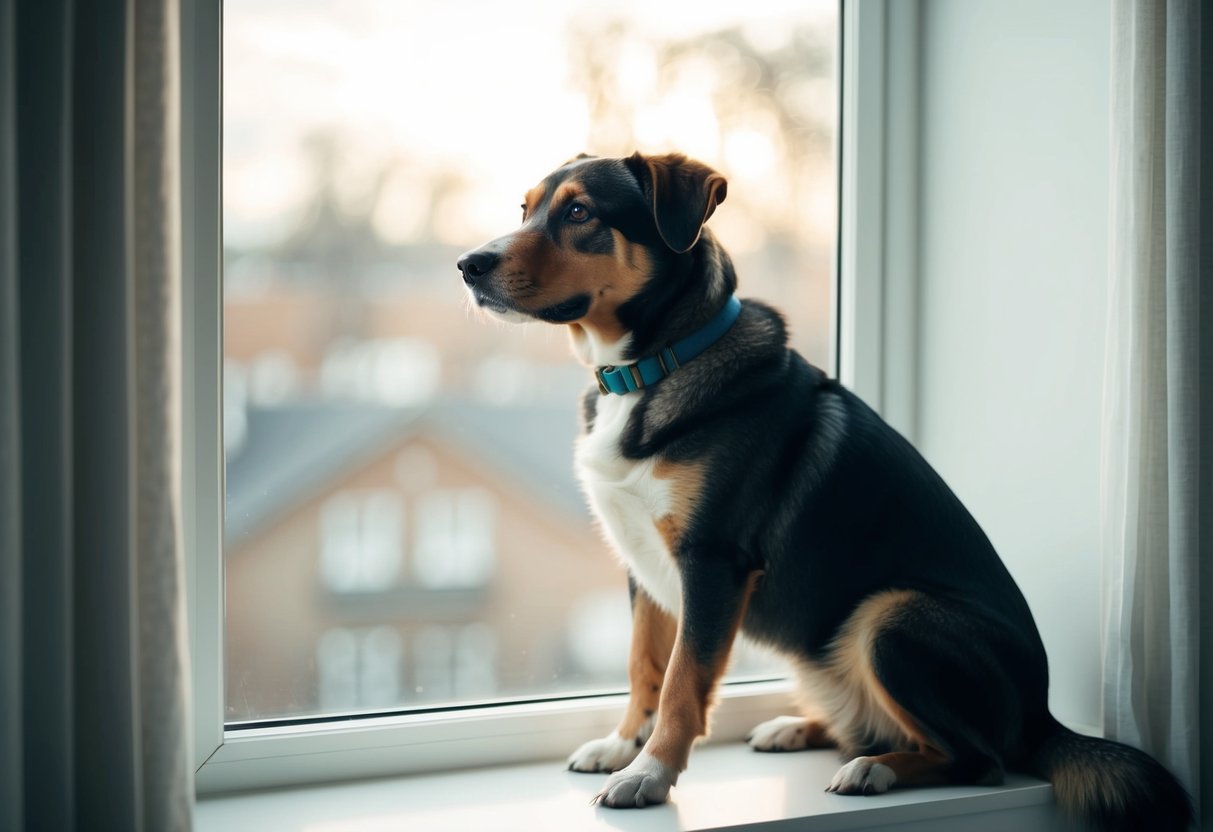A calm dog sitting contentedly by the window, gazing out at the world with a relaxed and confident demeanor