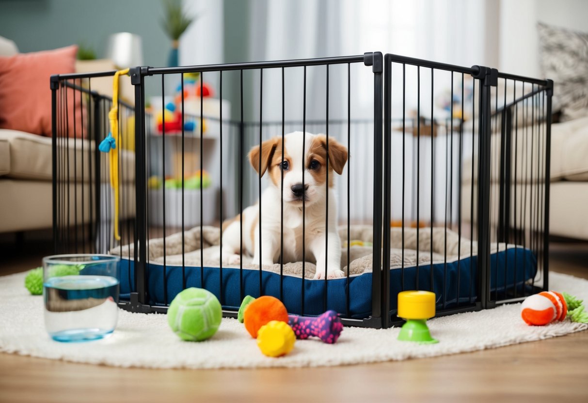 A playful puppy in a spacious playpen with toys, water, and a cozy bed, surrounded by a safe and secure environment