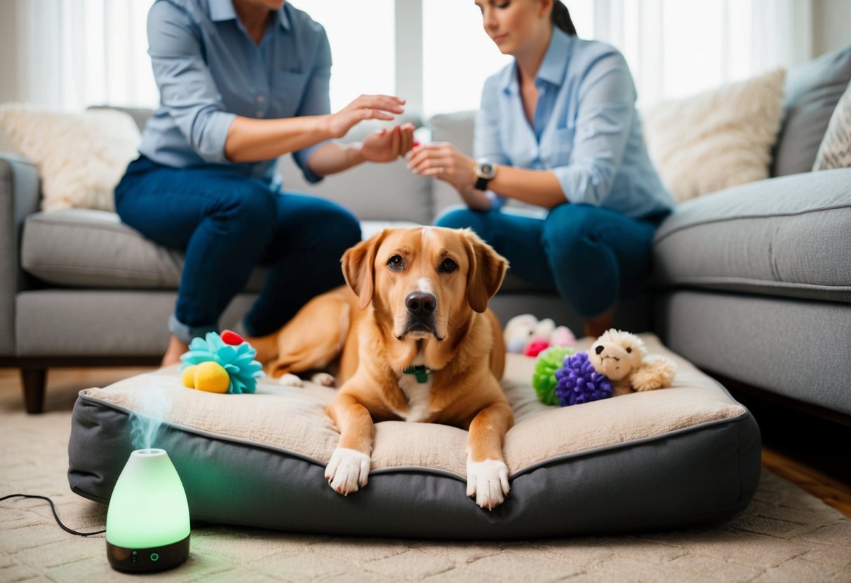 A calm dog lounges on a cozy bed, surrounded by comforting toys and a soothing diffuser, while a trainer demonstrates gentle separation exercises