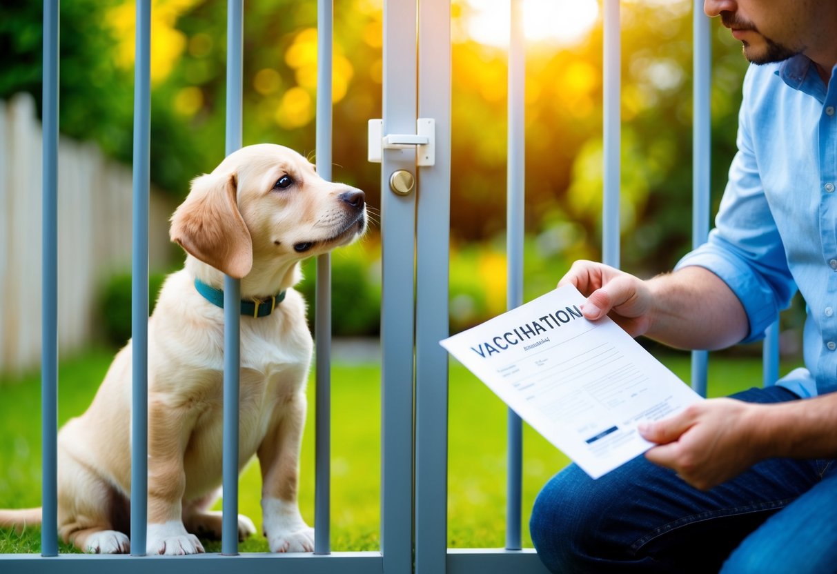 A puppy sits beside a closed gate, looking longingly at the sunny garden beyond, while a concerned owner holds a vaccination certificate in hand