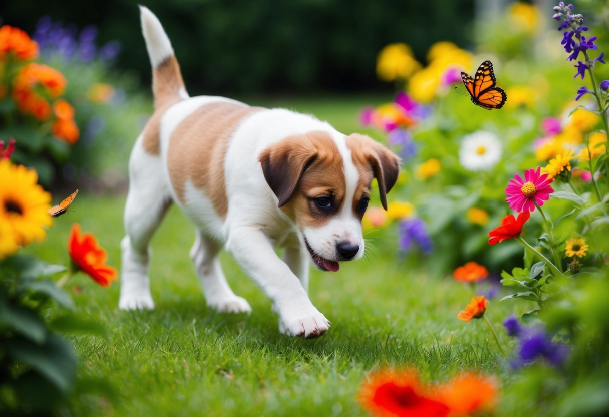 A playful puppy eagerly explores a vibrant garden, sniffing at colorful flowers and chasing butterflies, unaware of the need for vaccinations