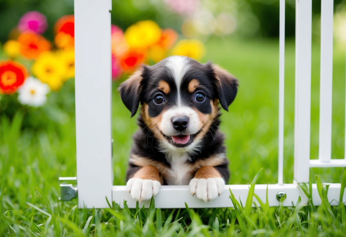 A small, unvaccinated puppy eagerly peers through a garden gate, with bright green grass and colorful flowers in the background