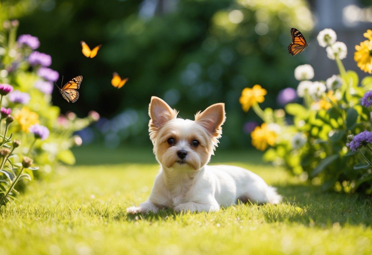 A small, calm dog lounging in a sunlit garden, surrounded by flowers and butterflies