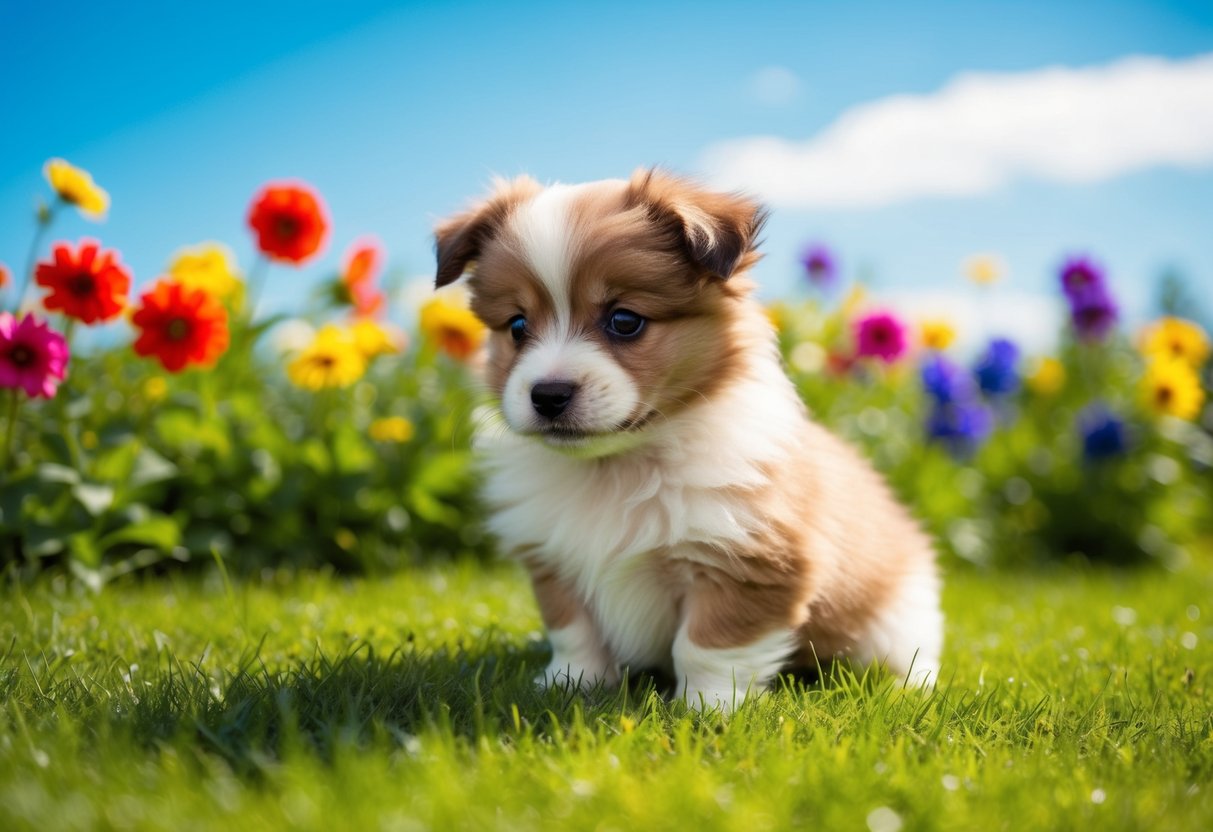 A small, fluffy puppy squats on green grass under a bright blue sky, surrounded by colorful flowers, while a gentle breeze blows through the air