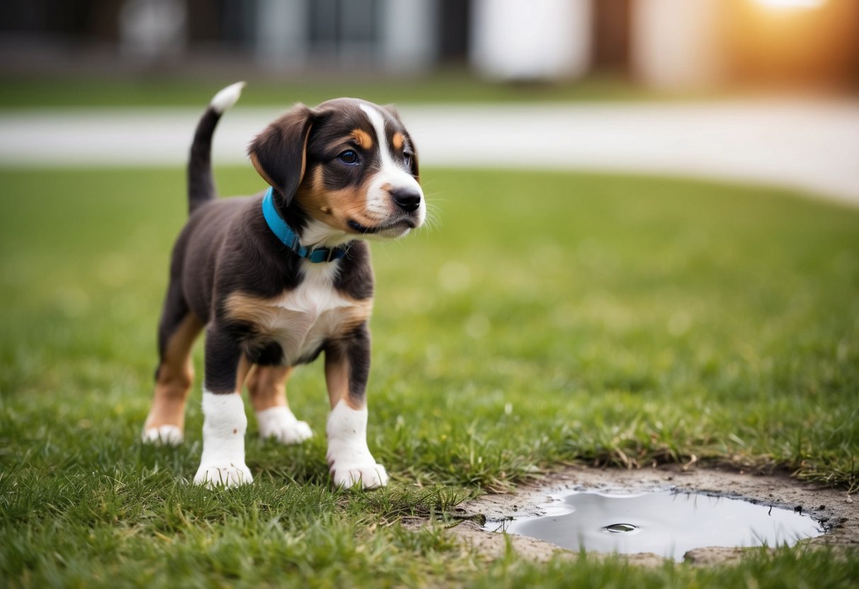 A 6-week-old puppy stands on a grassy patch outside, sniffing the air, with a small puddle of urine nearby