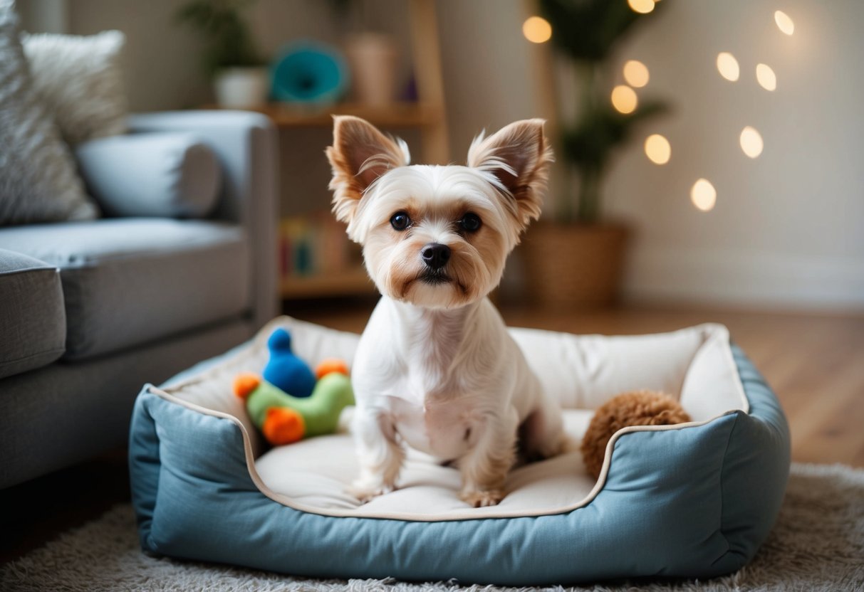 A calm, small dog sits peacefully in a cozy home environment, surrounded by comforting toys and a soft bed