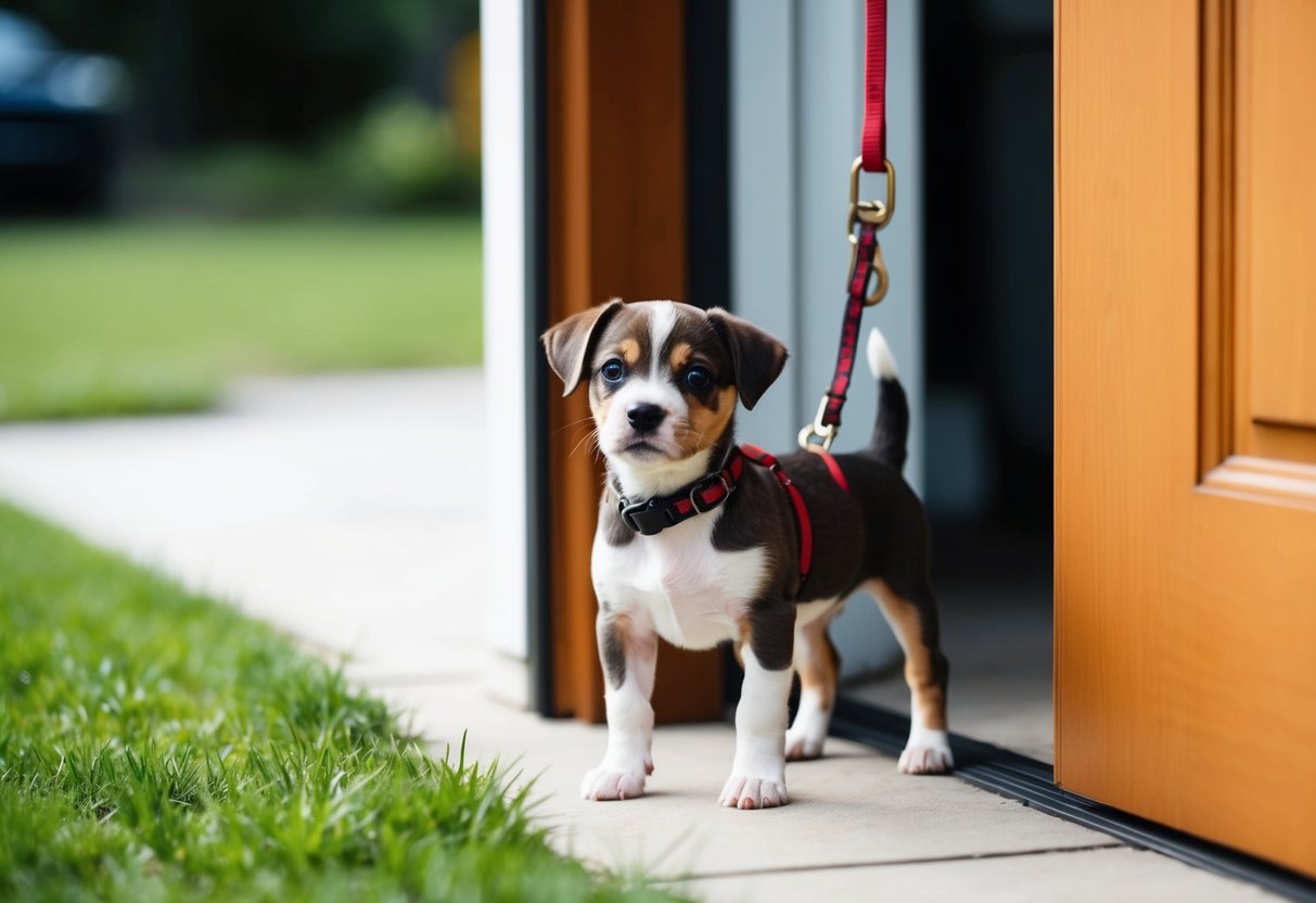 A small puppy standing by the door, leash and collar nearby, with a patch of grass outside