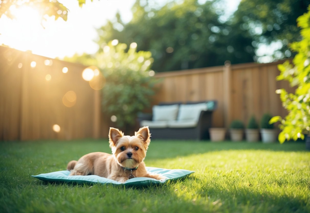 A peaceful, sunlit backyard with a small, calm dog lounging in the shade