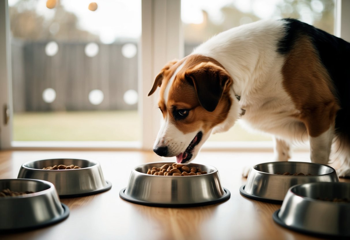 A dog eating from a full food bowl, with two cups of food inside, surrounded by empty bowls