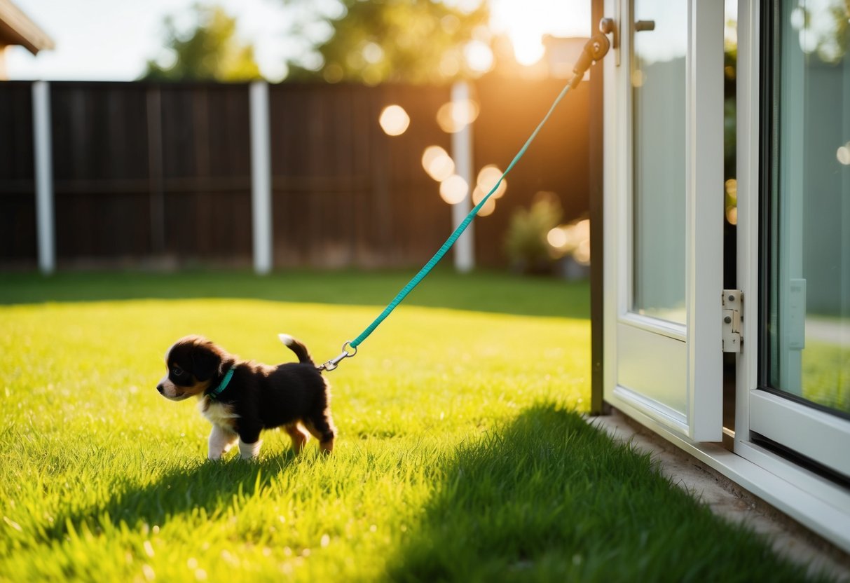 A sunny backyard with green grass and a small puppy leash by the door