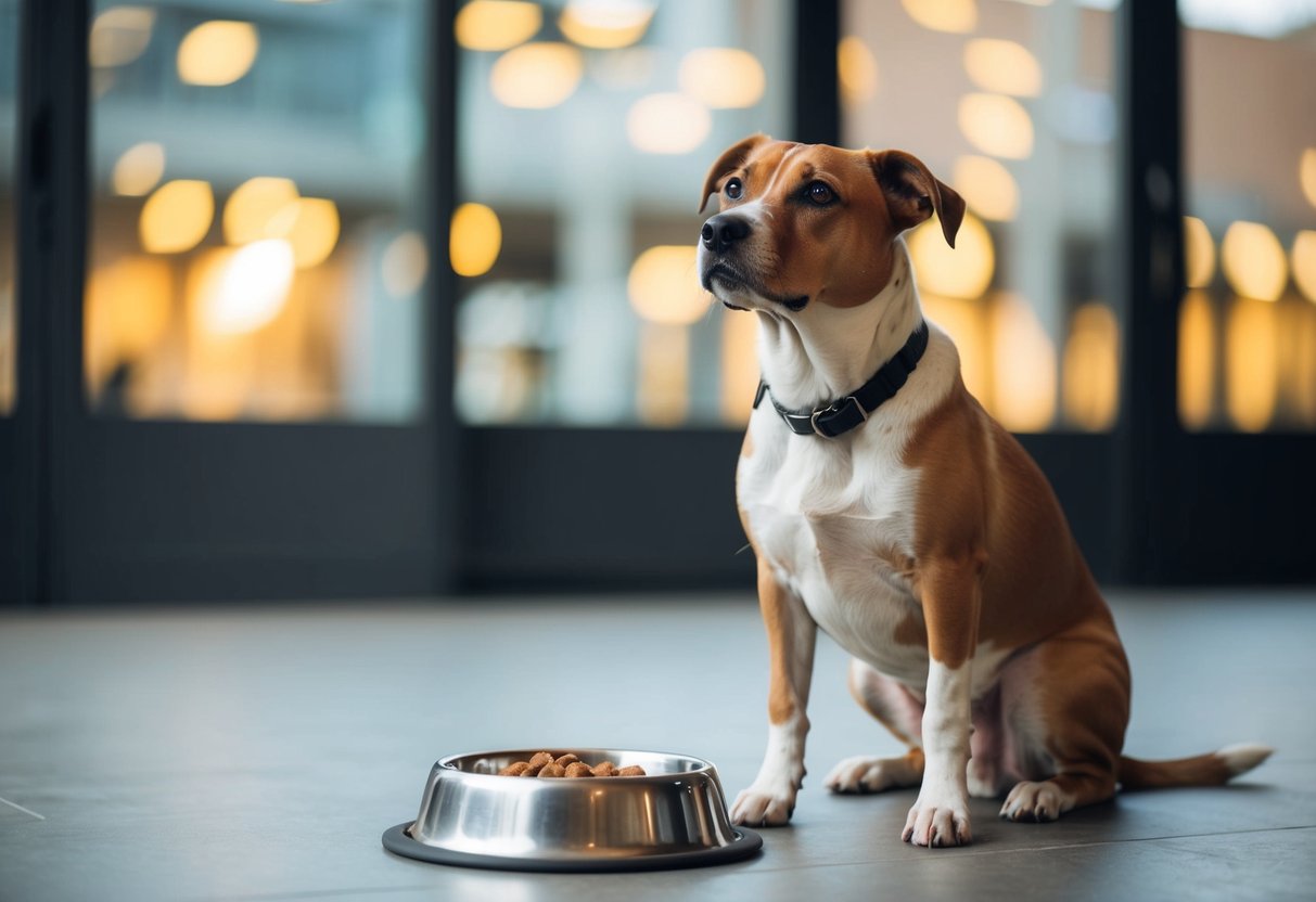 A dog sits next to an empty food bowl, looking up expectantly with a questioning expression