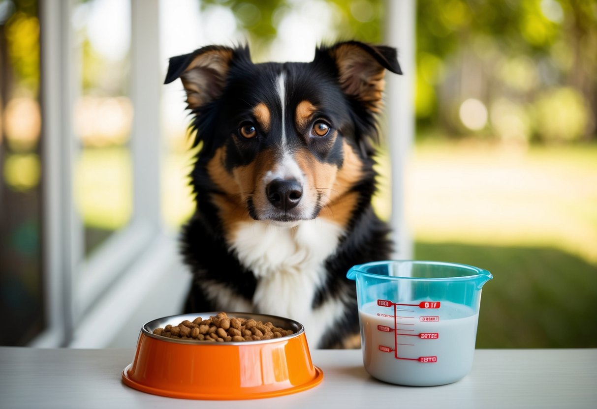 A dog with a full food bowl and a measuring cup next to it, with a questioning expression on its face