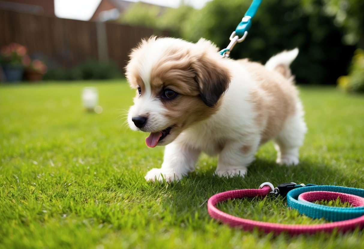 A small, fluffy puppy eagerly explores a grassy backyard, sniffing and squatting to pee with a colorful leash nearby