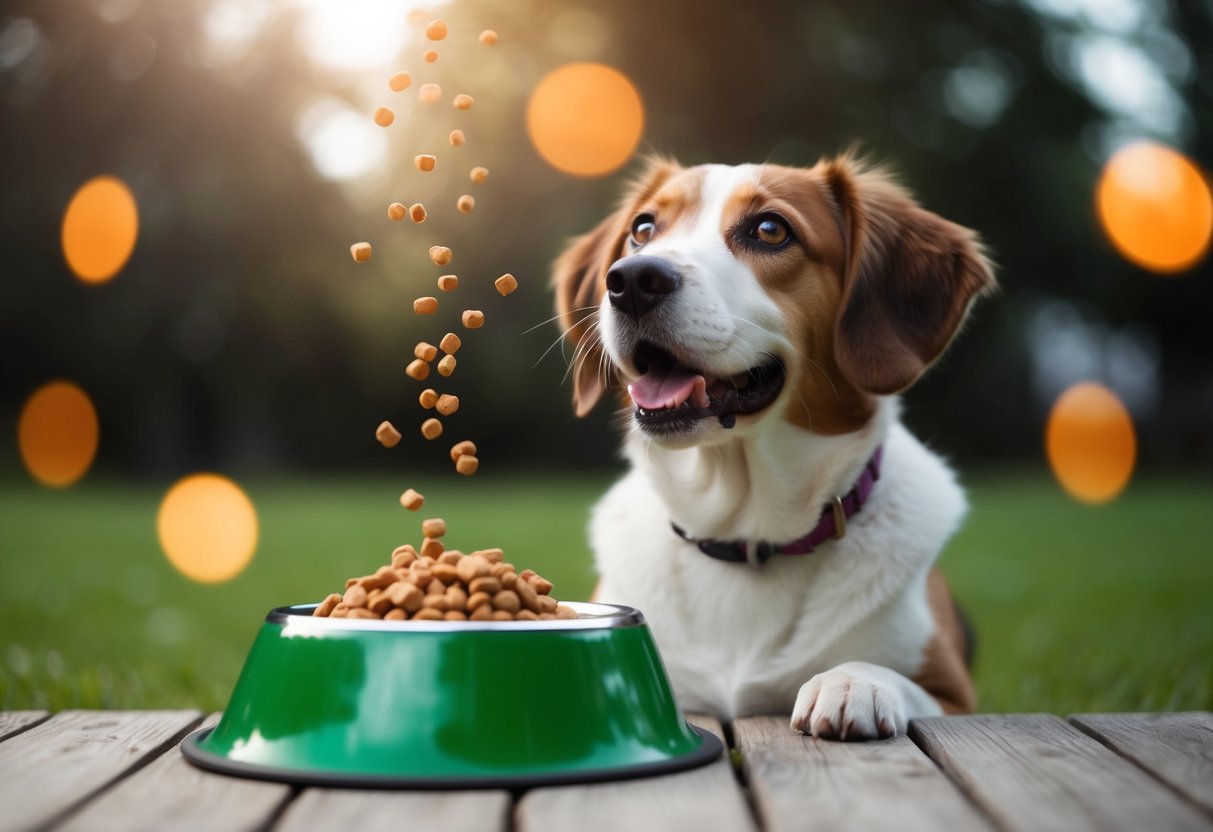 A dog with a full food bowl, looking up expectantly