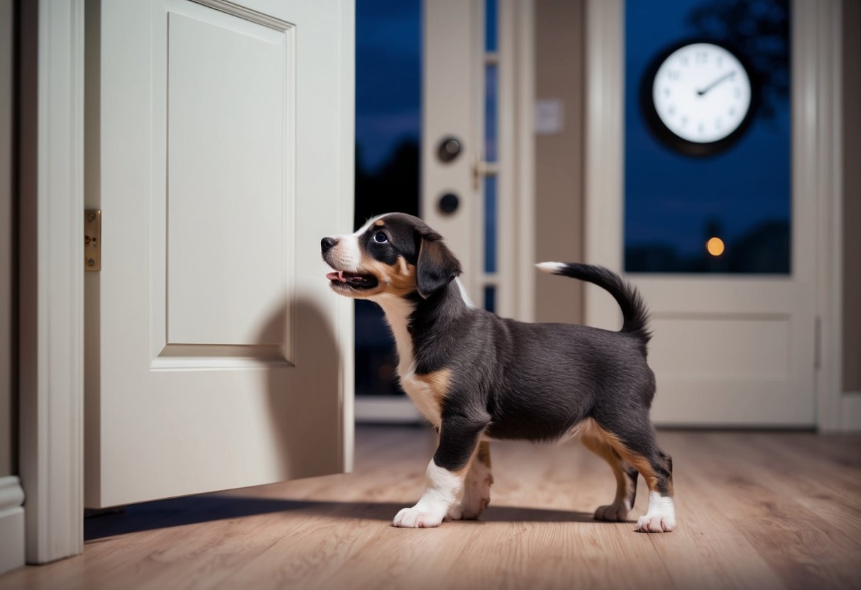 A 10-week-old puppy standing by a closed door, looking eager to go outside, with a clock showing late at night in the background