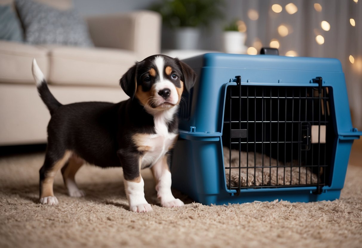 A 10-week-old puppy standing by a cozy crate at night, looking sleepy and ready to settle in for the night