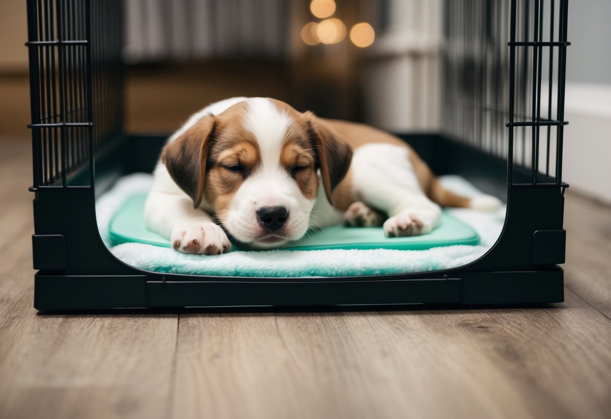 A 10-week-old puppy sleeps in a cozy crate with a potty pad, holding it through the night