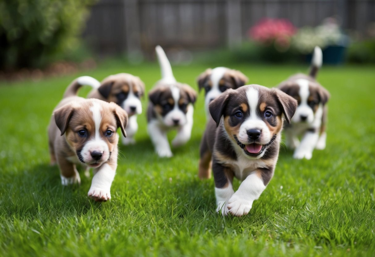 A litter of puppies playing in a grassy yard, one pup confidently approaching and engaging with the viewer