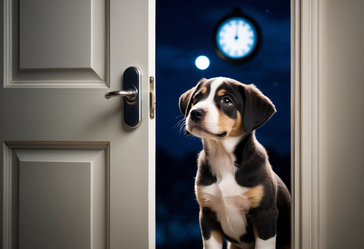 A 10-week-old puppy stands by a closed door, looking out into the dark night with a hopeful expression. A clock on the wall shows the late hour
