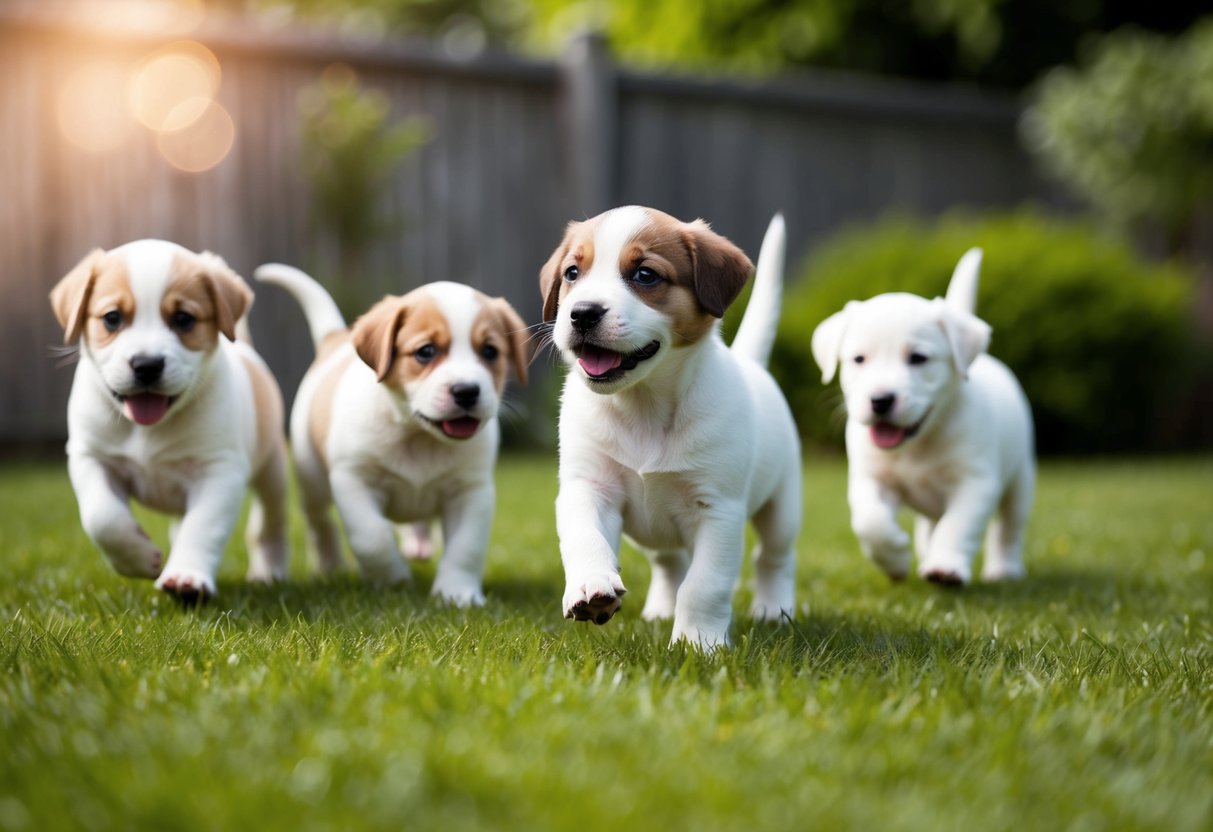 A litter of puppies playing in a grassy yard, one puppy standing out by confidently approaching the viewer