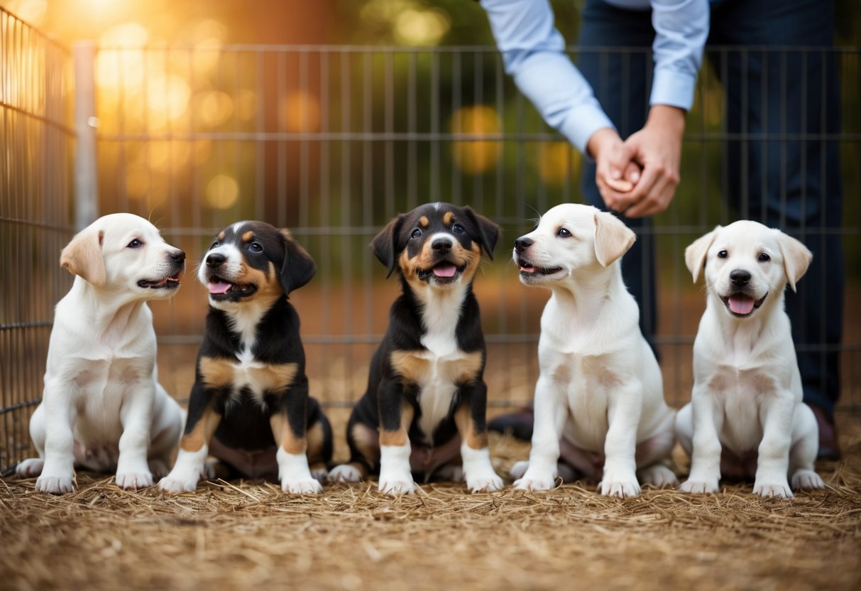 A litter of puppies sits in a pen, wagging their tails and looking up at a person. One puppy stands out, confidently approaching and making eye contact