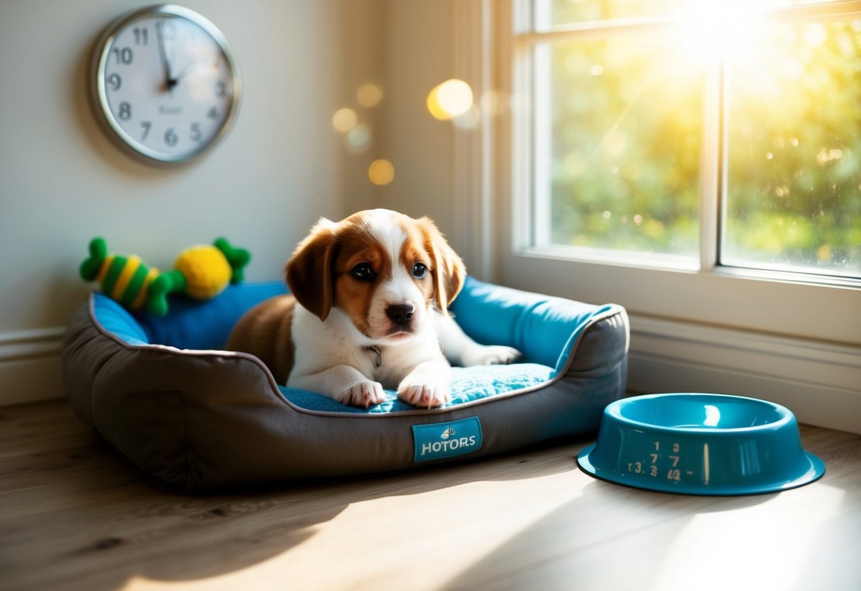 A cozy puppy bed with toys and water bowl, sunlight streaming in through a window, and a clock showing a few hours passing
