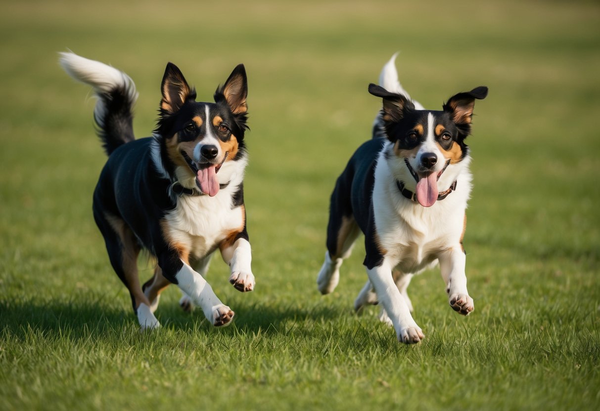 Two female dogs playfully chasing each other in a grassy field, their tails wagging and tongues lolling as they exhibit friendly behavior