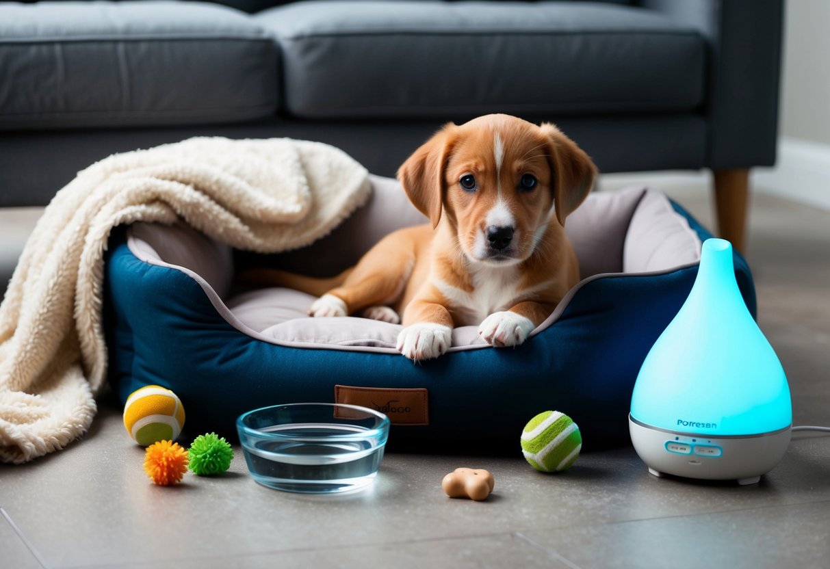 A cozy puppy bed surrounded by toys and a water bowl, with a soft blanket and a comforting scent diffuser nearby