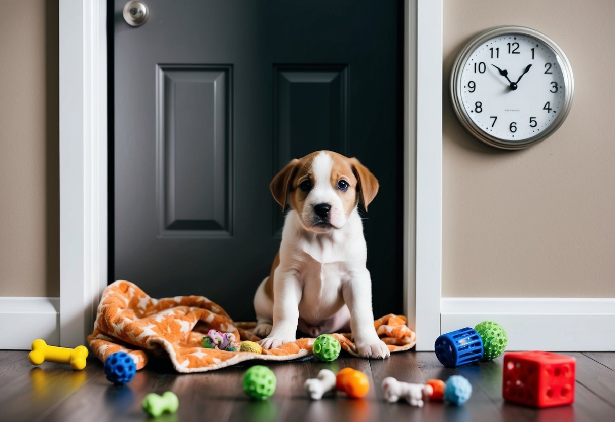 A 12-week-old puppy sits anxiously by the door, surrounded by scattered toys and a chewed-up blanket, as the clock on the wall ticks away the minutes