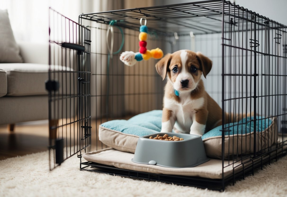 A 12-week-old puppy sits in a cozy crate with toys and a soft bed, while a timer-operated feeder dispenses food and water