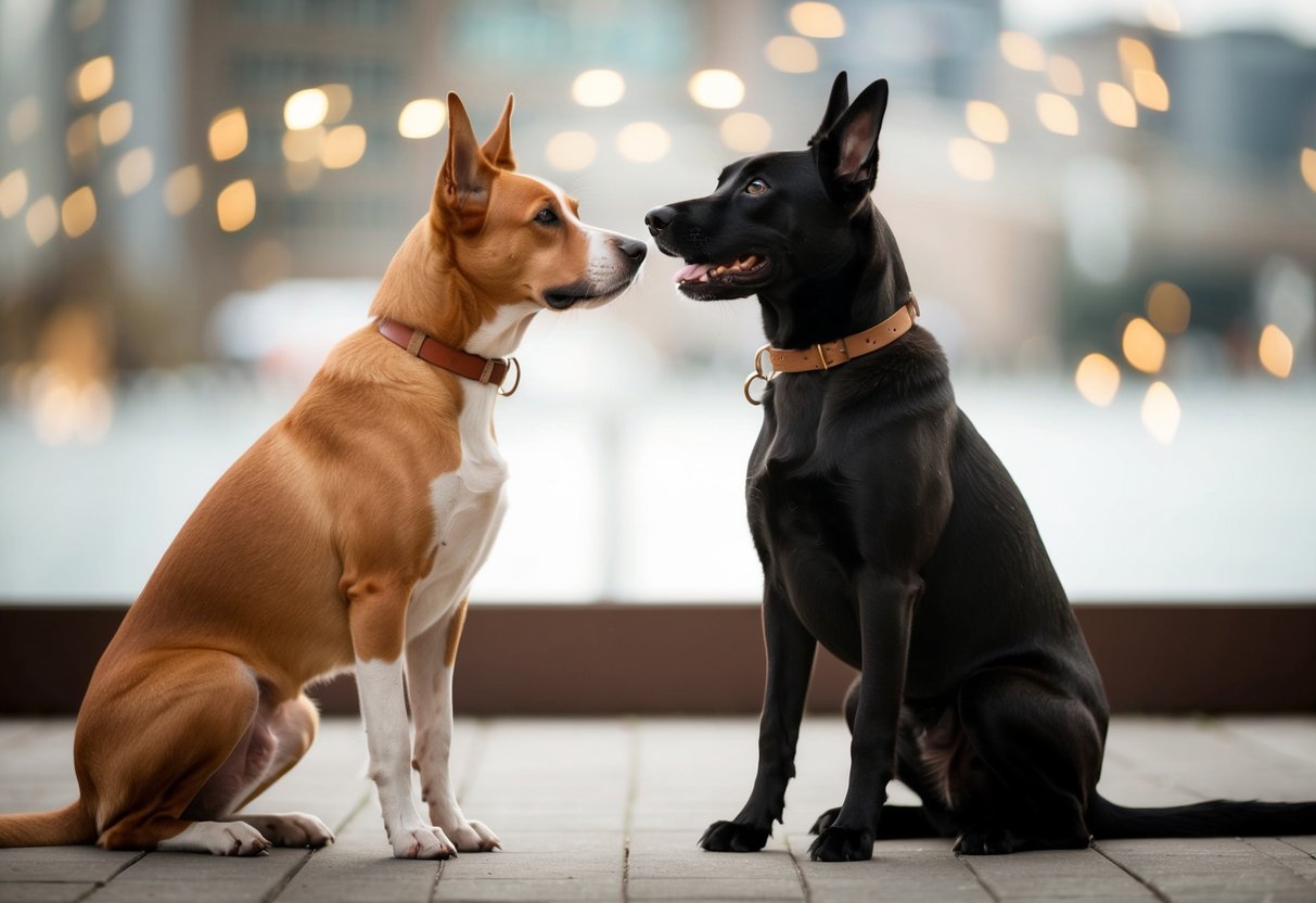 A male and female dog stand facing each other, the male with a confident posture and the female displaying a more submissive stance