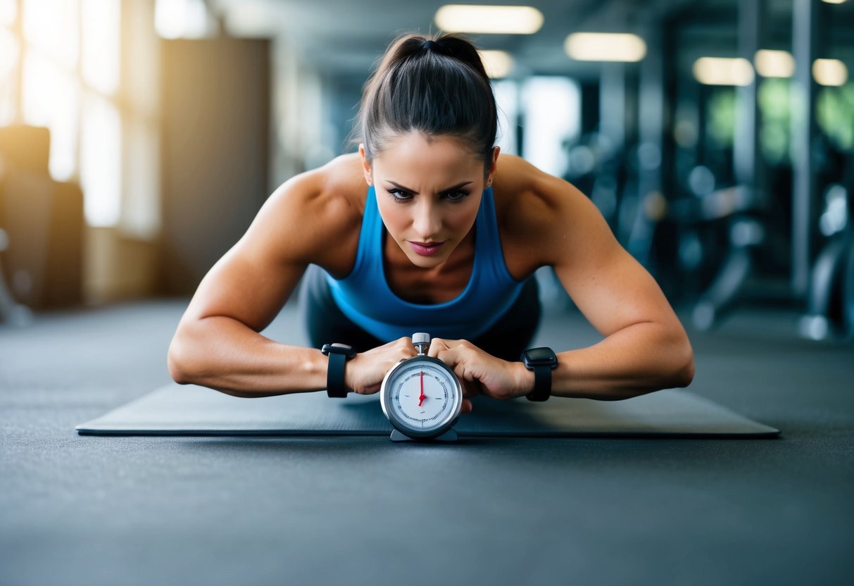 A person doing high-intensity interval training, incorporating core exercises like planks and bicycle crunches, with a stopwatch showing two weeks