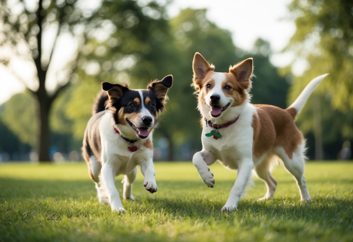 Two girl dogs playing peacefully in a park, one with a surgical scar on her abdomen