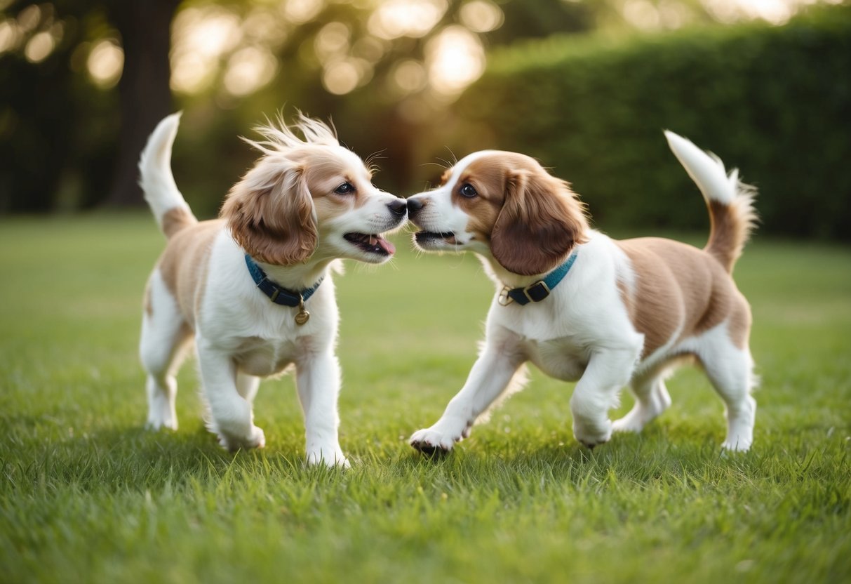 Two young girl dogs playing peacefully in a grassy yard, wagging their tails and sniffing each other curiously