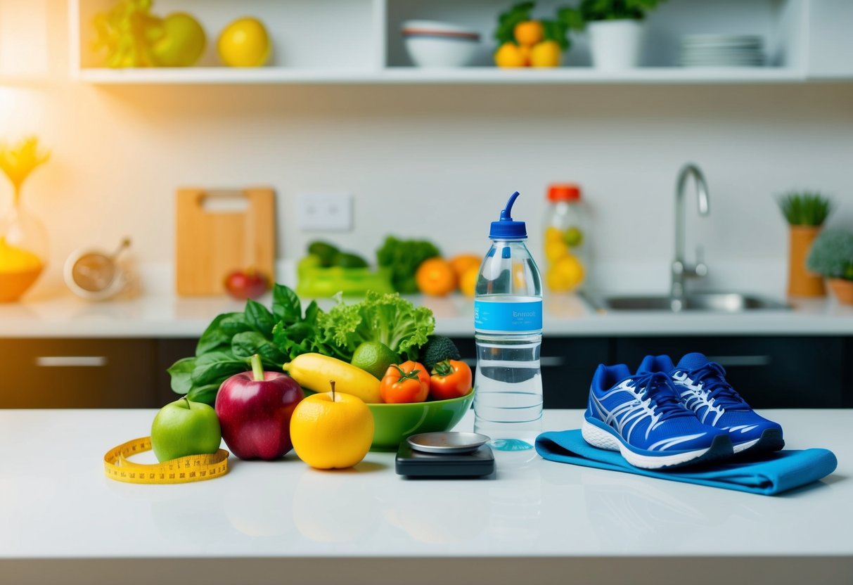 A kitchen counter with fresh fruits, vegetables, and a water bottle. A scale and measuring tape nearby. A person’s running shoes and workout clothes laid out