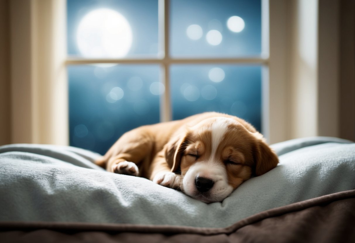 An 8-week old puppy sleeping in a cozy bed, with a gentle moonlight shining through the window, surrounded by a peaceful and quiet atmosphere