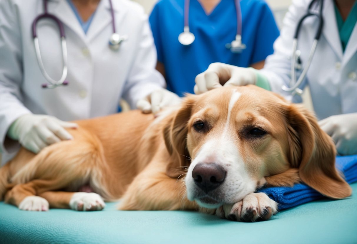 A contented female dog rests peacefully after being spayed, surrounded by caring veterinary staff and a comforting environment