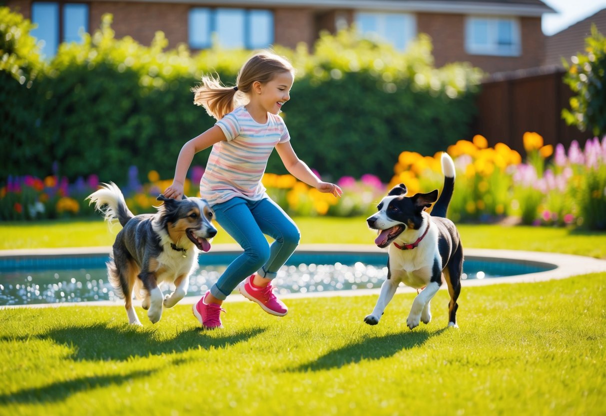 A girl and boy dog playfully chase each other in a sunny backyard, surrounded by colorful flowers and a glistening pond