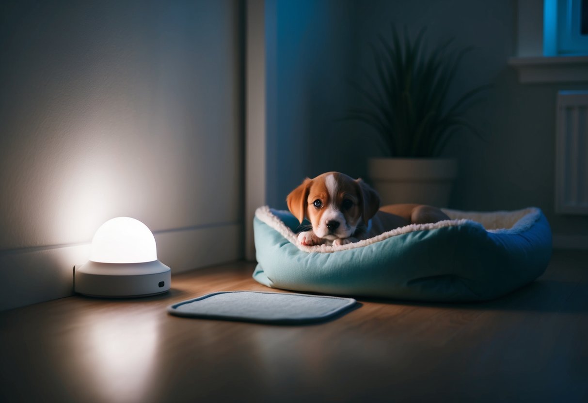 A cozy puppy bed with a soft blanket and a small potty pad nearby, dimly lit by a nightlight in a quiet room