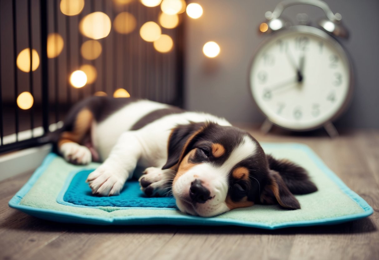 An 8-week-old puppy lying in a cozy crate with a puppy pad nearby. A clock on the wall shows it's nighttime. The puppy is peacefully sleeping, unaware of the need to pee