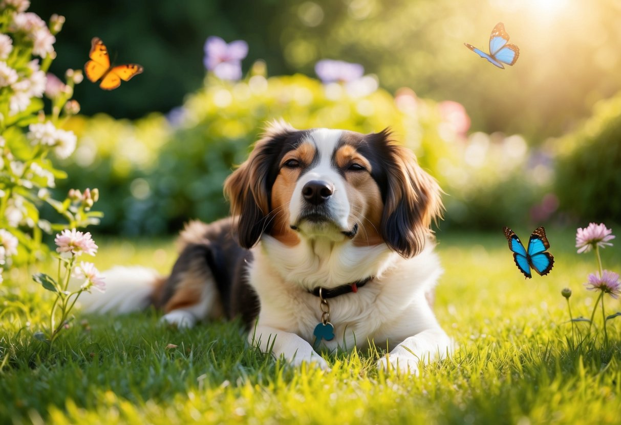 A contented female dog lying peacefully in a sunlit garden, surrounded by flowers and butterflies, with a gentle expression on her face