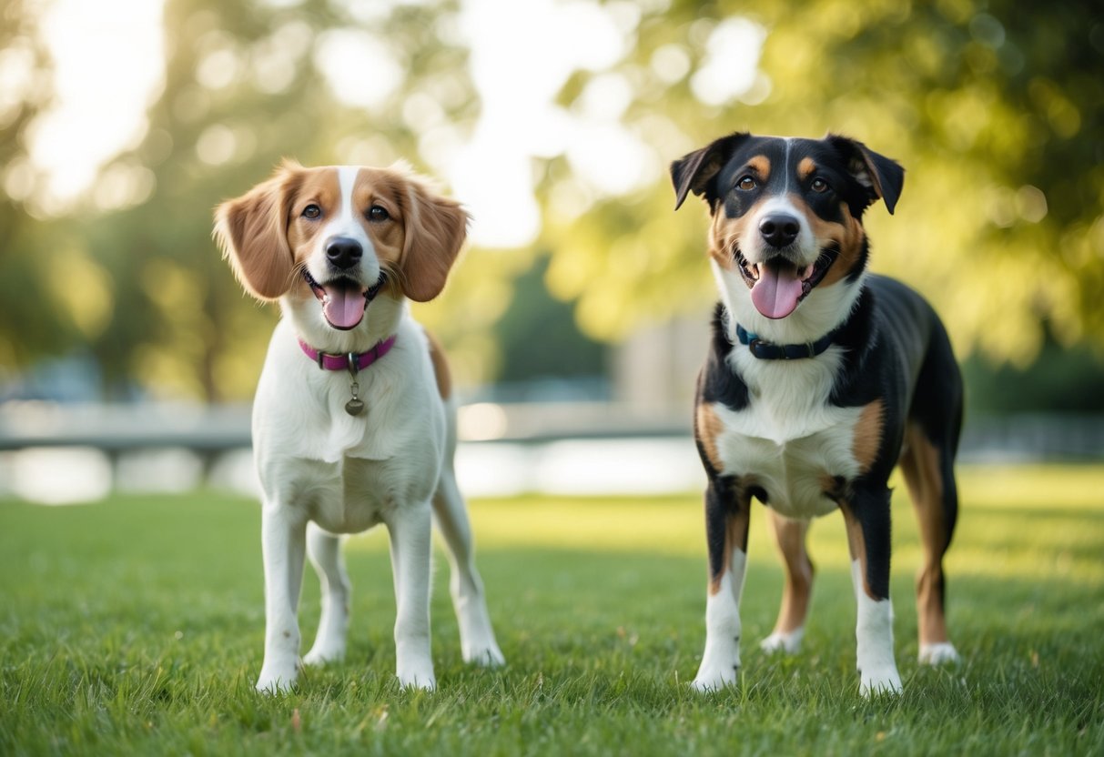 A girl and boy dog stand side by side, looking healthy and happy